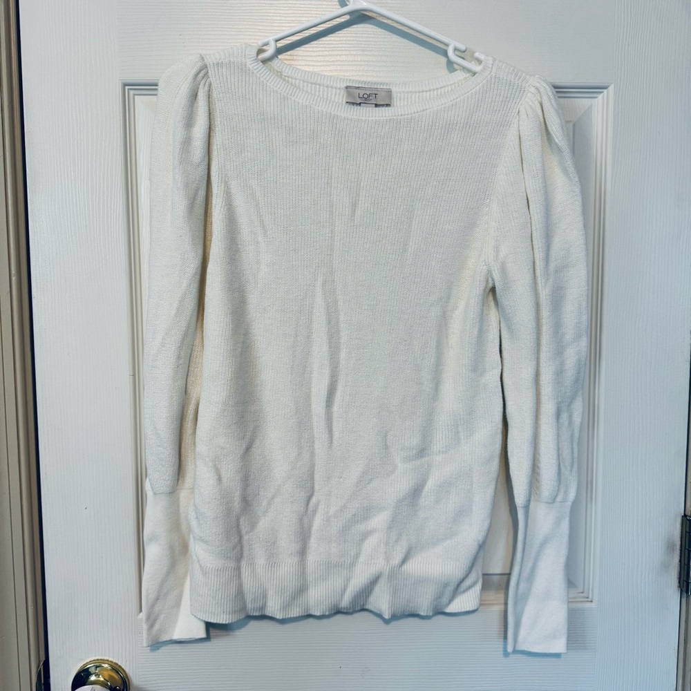 Loft Outlet White Puff Long Sleeve Knit Sweater Top Pullover Modern Classic M